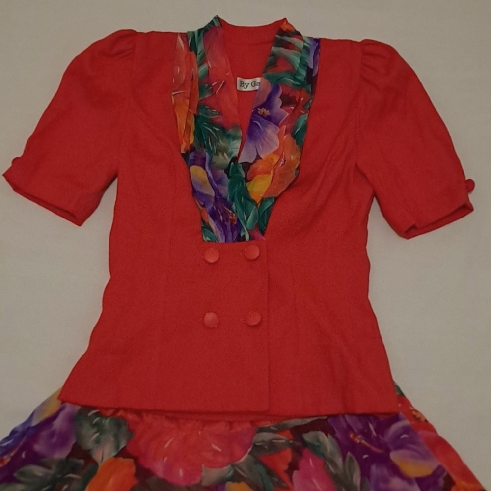 80's 90's Tropical Hibiscus Floral Vintage Skirt Suit Set Cosplay Cruise - Picture 2 of 11